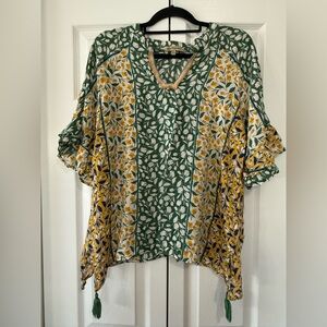 Democracy XL Boho Floral Blouse Tassel Top Green Yellow Mixed Print